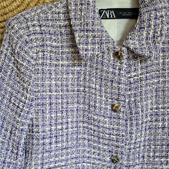 Zara, New, Purple Tweed Textured Fitted Preppy Cropped Blazer Jacket SZ Large - Picture 6 of 14